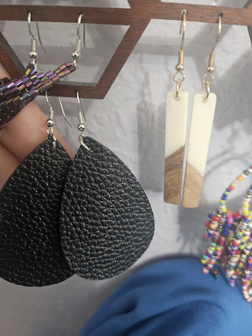 Black Teardrop Leather Earrings - Boho Wooden Earrings